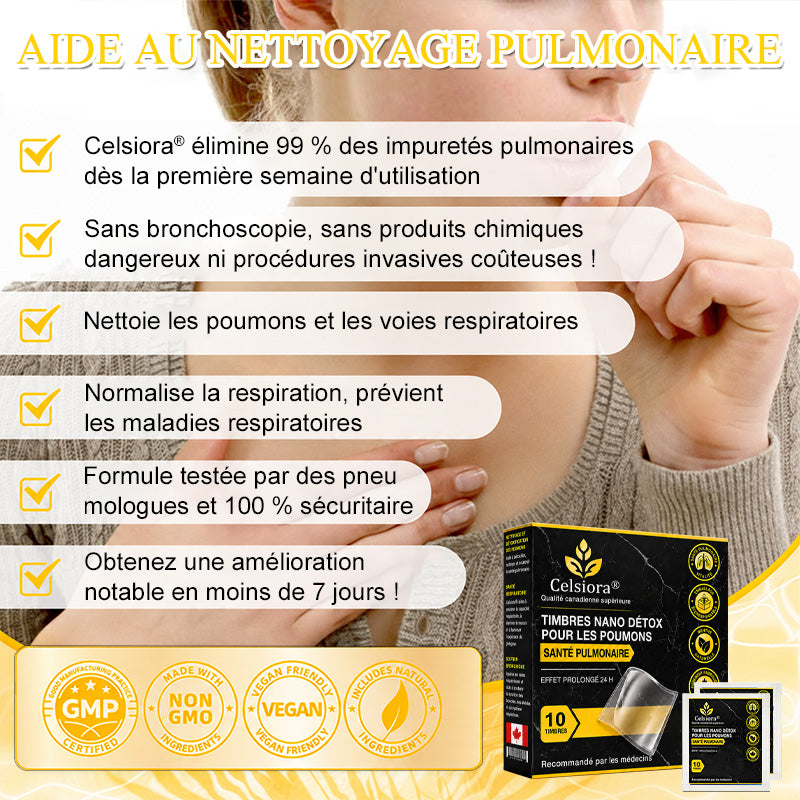 🍁😍Celsiora® Timbres nano détox pour les poumons (mucosités tenaces, MPOC, oppression thoracique, essoufflement, toux persistante, pneumonie)