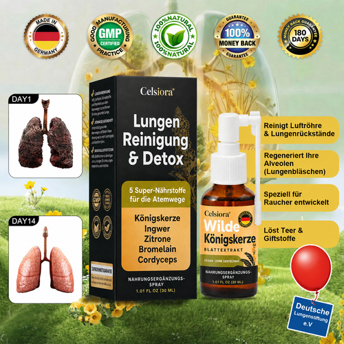 👩‍⚕️💖 Celsiora® Neues Königskerzen-Spray mit maximaler Wirkstärke (Hilft bei erschwertem Aushusten, Atemnot, übermäßiger Schleimbildung und Lungeninfektionen)